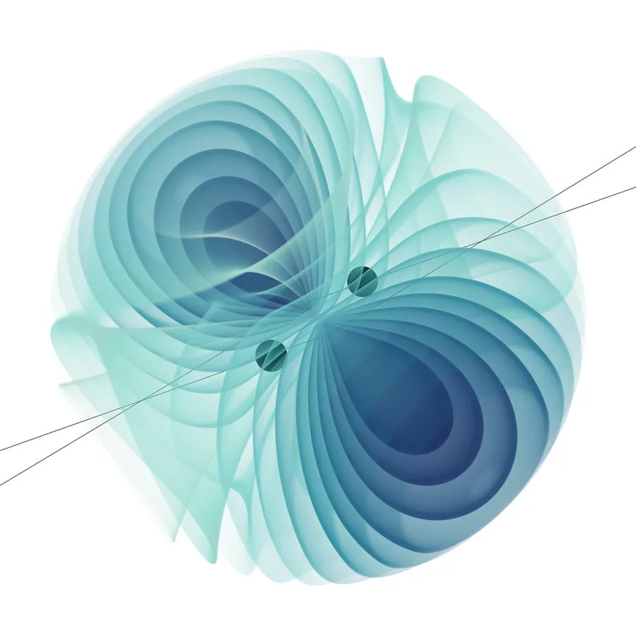Vector illustrations, visualization of the energy carried by the gravitational waves that are emitted from two black holes scattering off each other 0.5c. The emitted energy was computed to highest-precision as is required for future gravitational wave detectors, featuring advanced mathematical functions known as Calabi-Yau periods.