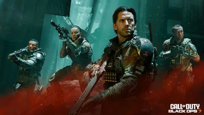 Black Ops 7 gameplay screenshot showing futuristic weapons and maps